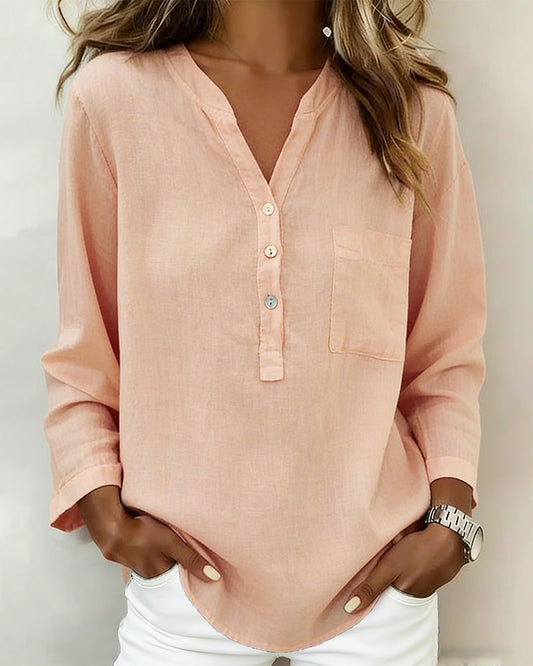 Solid Color Long-Sleeved V-Neck Blouse