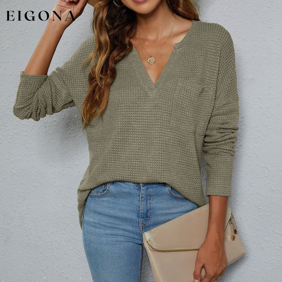 Dropped Shoulder High-Low Waffle-Knit Top Sage Changeable clothes long sleeve long sleeve shirts long sleeve top Ship From Overseas
