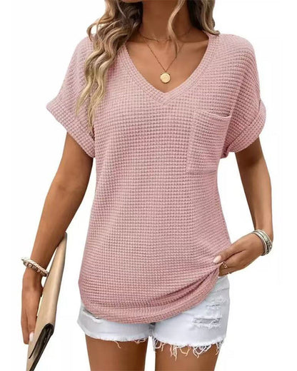 Women's Waffle Knit V-Neck Casual Summer T-shirt