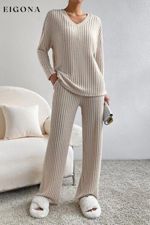 Ribbed V-Neck Top and Pants Set Dust Storm clothes H.H.J Ship From Overseas