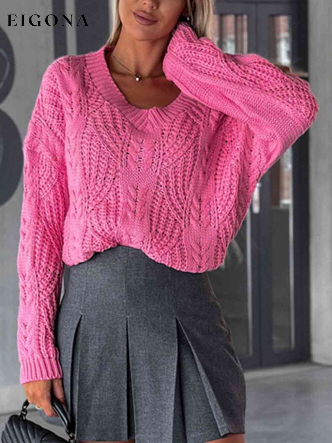 V-Neck Cable-Knit Long Sleeve Sweater Hot Pink A@Y@M clothes Ship From Overseas