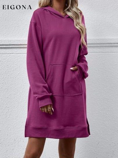Slit Long Sleeve Hooded Dress with Pocket Magenta Changeable clothes Ship From Overseas