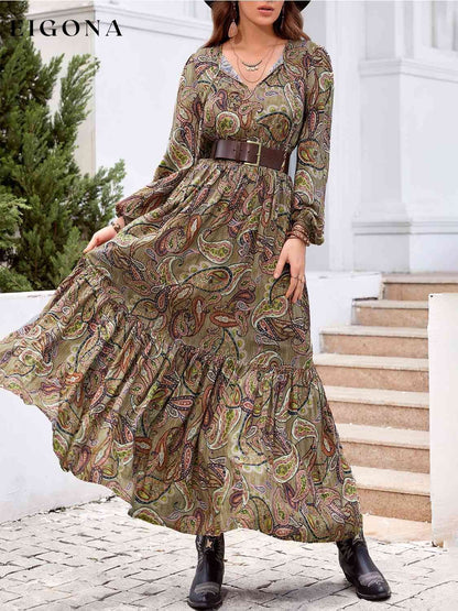 Printed Tie Neck Ruffle Hem Long Sleeve Dress Multicolor clothes H.R.Z Ship From Overseas