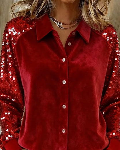 Lapel Sequined Long-Sleeved Shirt