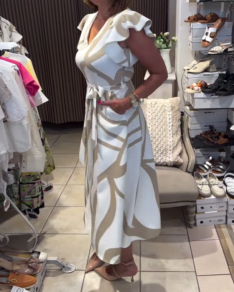 Bedrucktes Kleid mit Rüschenärmeln und V-Ausschnitt