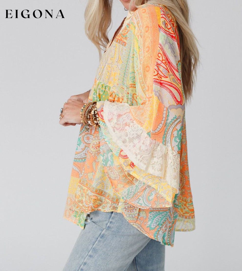 Multicolor Paisley Print Bell Sleeve Lace V-Neck Button Sheer Blouse All In Stock Best Sellers clothes Early Fall Collection long sleeve shirt long sleeve shirts long sleeve top long sleeve tops Occasion Daily Print Paisley Season Spring shirt shirts Style Bohemian top tops