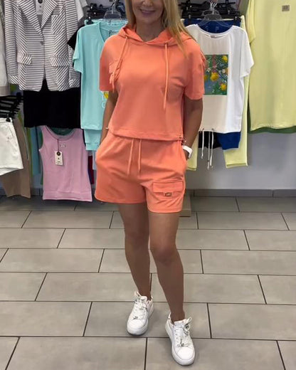 Sportliches Shorts-Set mit Kapuze und einfarbiger Farbe
