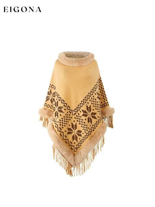 Fringe Geometric Cape Sleeve Poncho Tan One Size christmas sweater clothes Drizzle poncho Ship From Overseas Sweater sweaters