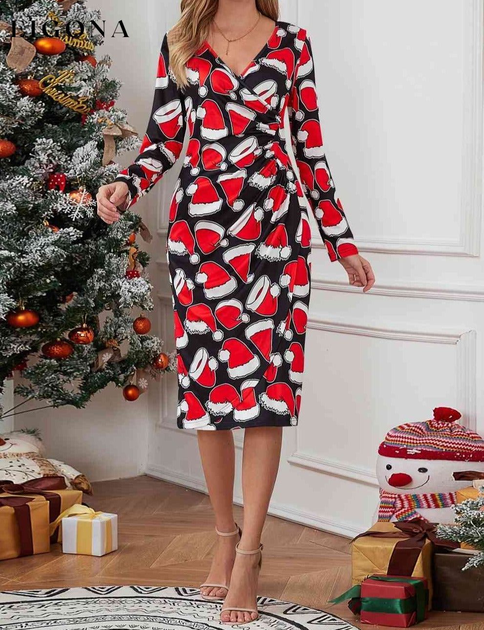 Christmas Element Print Long Sleeve Dress Deep Red clothes H.Y.G@E Ship From Overseas