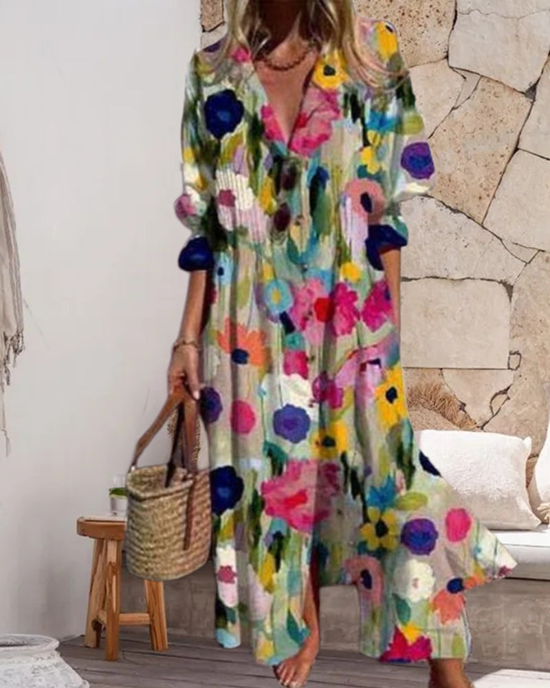 V-neck colorful printed long dress casual dresses spring summer