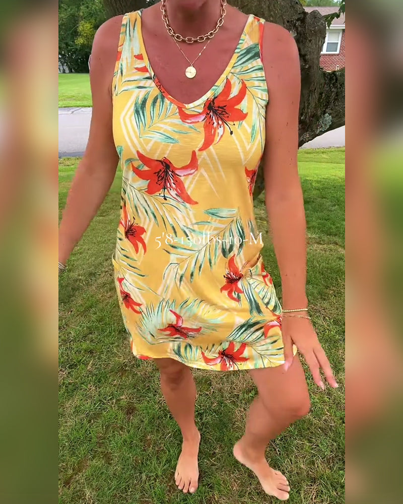 Ärmelloses, gerades Kleid mit V-Ausschnitt und Blumenmuster