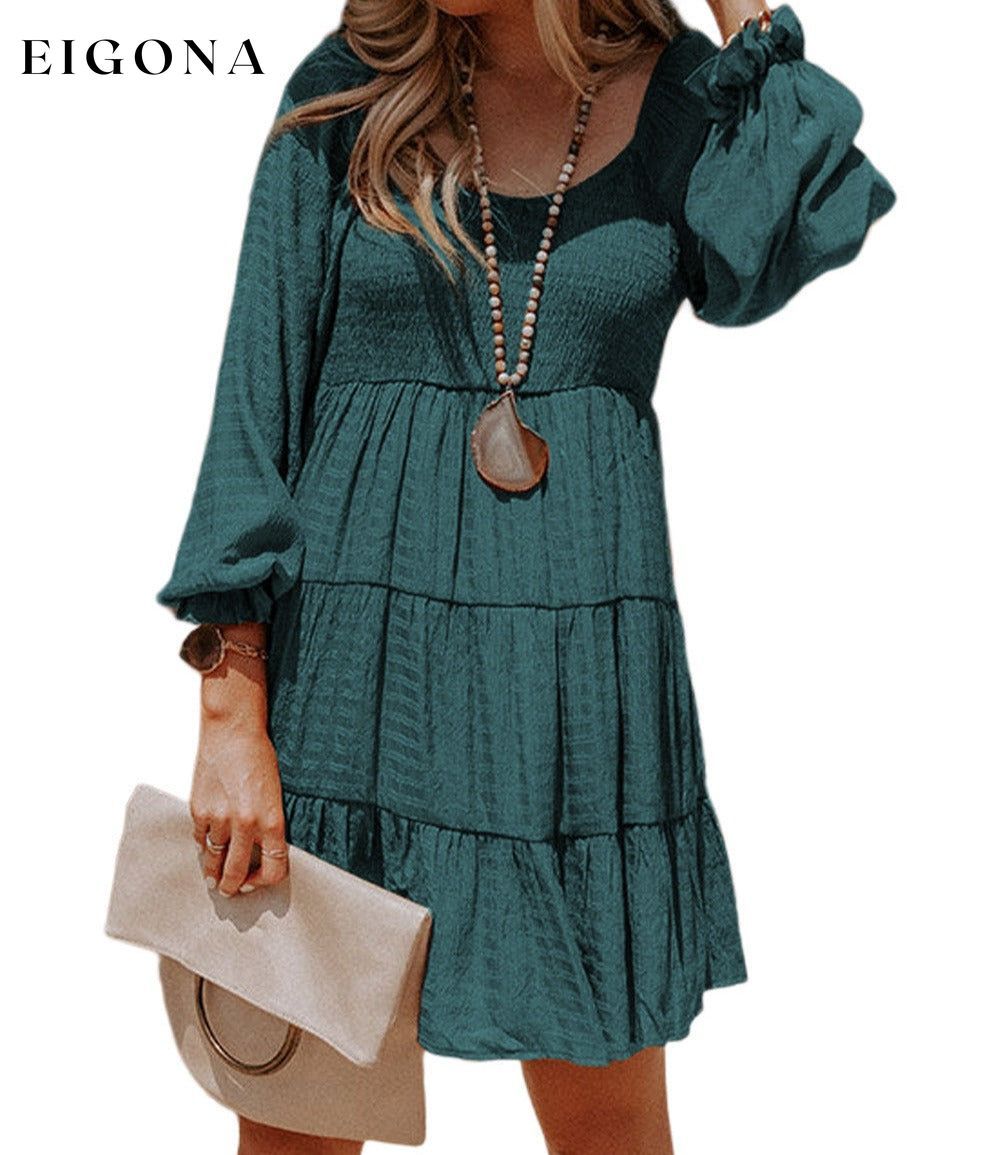 Mist Green Sleeve Smocked Tiered Casual Mini Dress All In Stock casual dress casual dresses clothes dress dresses EDM Monthly Recomend Hot picks long sleeve dress long sleeve dresses Occasion Daily Print Solid Color short dresses Silhouette A-Line Style Southern Belle