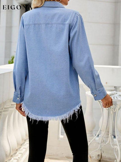 Raw Hem Long Sleeve Denim Shirt, Jacket clothes long sleeve shirt long sleeve shirts long sleeve top long sleeve tops M.F Ship From Overseas Shipping Delay 09/29/2023 - 10/02/2023 shirt shirts top tops trend