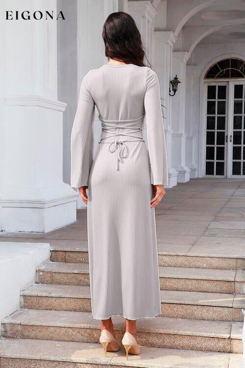 Tie Back Ribbed Round Neck Long Sleeve Dress casual dresses clothes dresses long sleeve dress long sleeve dresses maxi dress Ship From Overseas Y&M