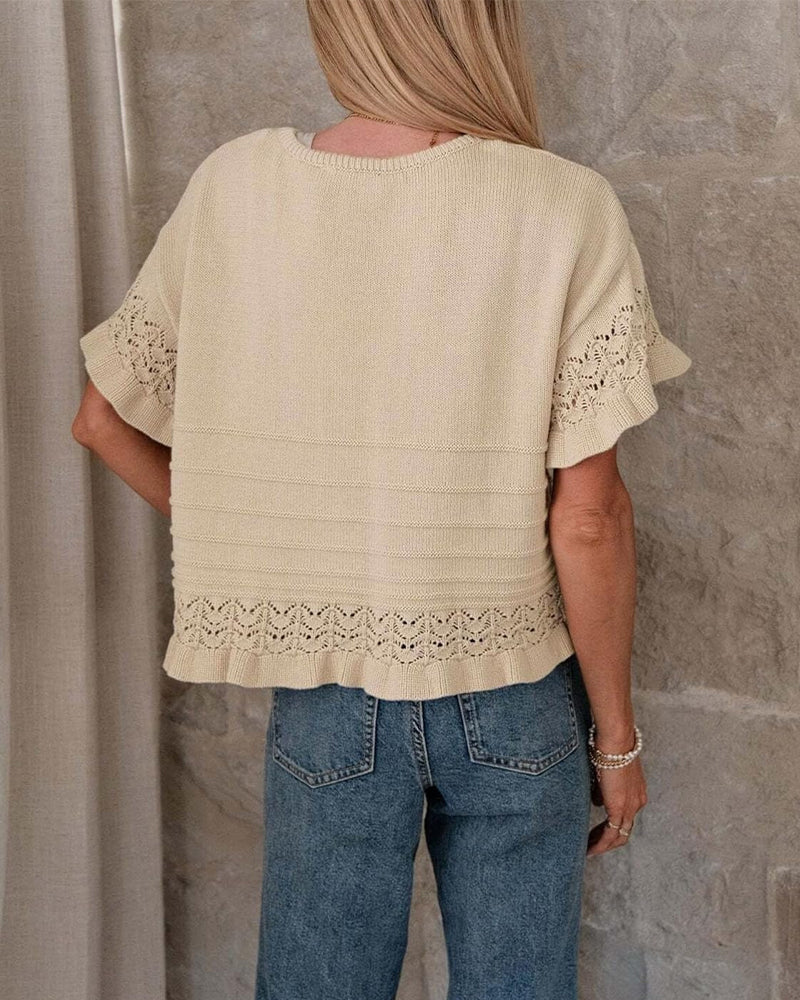 Round Neck Ruffled Hem Hollow Out Blouse