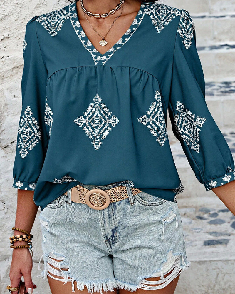 V-Neck Diamond Print Three-Quarter Sleeve Blouse blouses & shirts summer