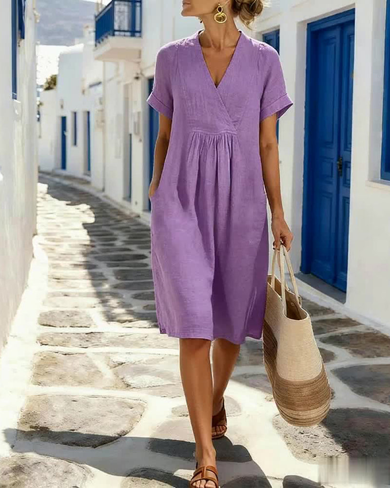 Pure Cotton Short-Sleeved V-Neck Pleated Dress