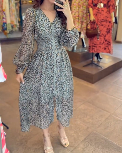 Puff Sleeve V-Neck Printed Dress