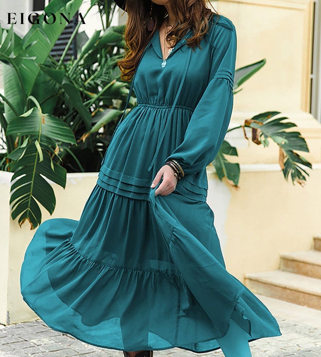 Tie Neck Long Sleeve Midi Tiered Dress Peacock Blue clothes H.R.Z Ship From Overseas