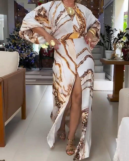 Long-Sleeved V-Neck Slit Printed Dress