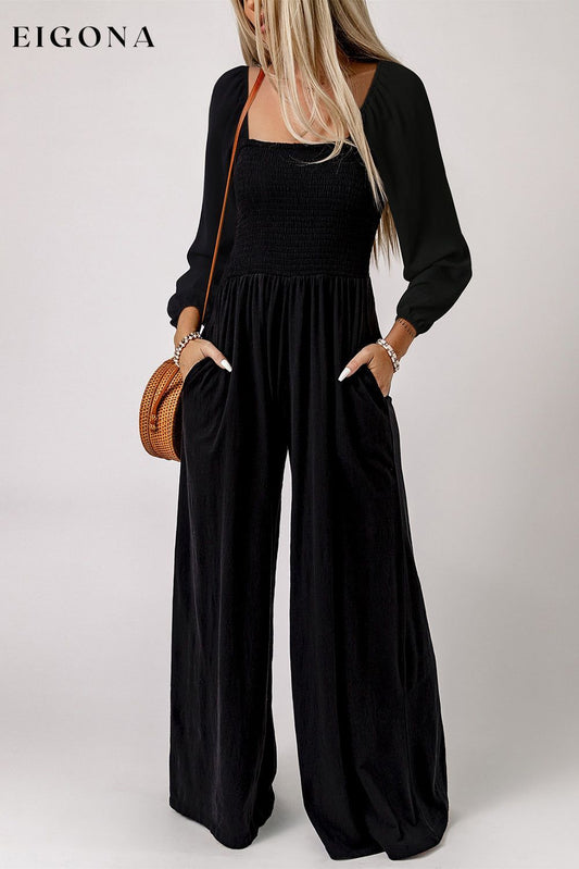 Black Smocked Square Neck Long Sleeve Wide Leg Jumpsuit Black 100%Polyester All In Stock Best Sellers bottoms clothes DL Chic DL Exclusive long pants jumpsuit long sleeve jumpsuit Occasion Daily pants Print Solid Color Season Fall & Autumn Style Southern Belle