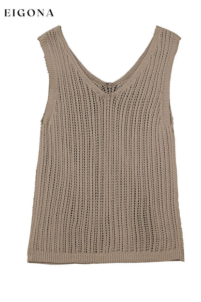 Khaki Hollowed Knit V Neck Tank Top All In Stock clothes Fabric Ribbed Fabric Textured Occasion Vacation Print Solid Color Season Summer Size S To 2XL Style Casual tank tank top tops