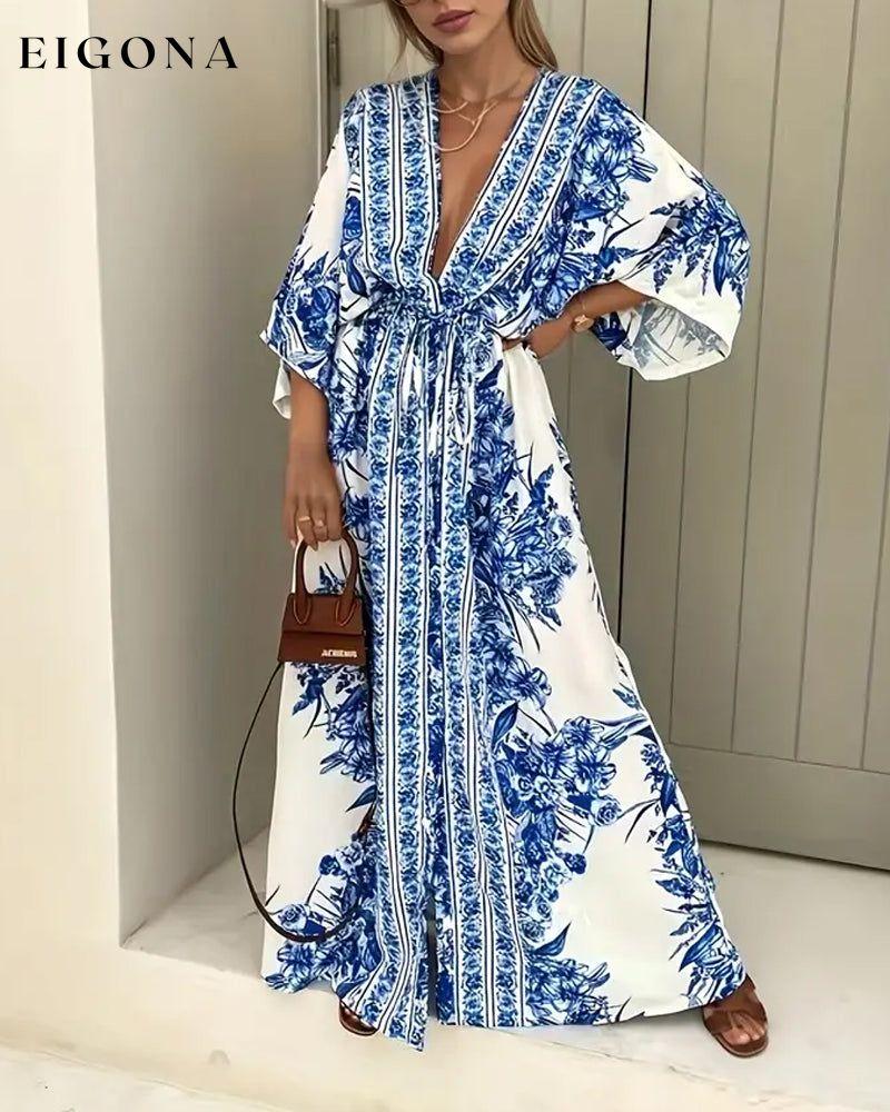 Floral print deep V slit fashionable long dress casual dresses spring summer vacation dresses