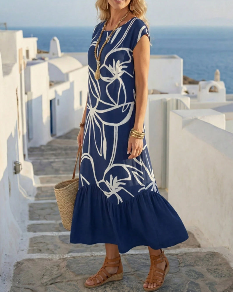 Round-Neck Printed A-Line Dress