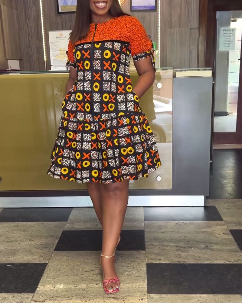 Half-Zip Vintage Contrast Print Dress