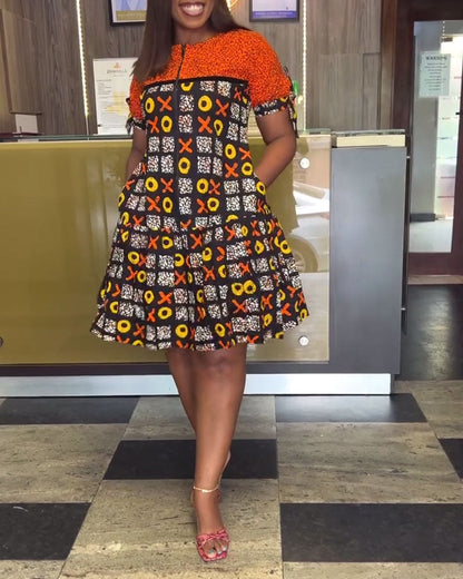 Half-Zip Vintage Contrast Print Dress