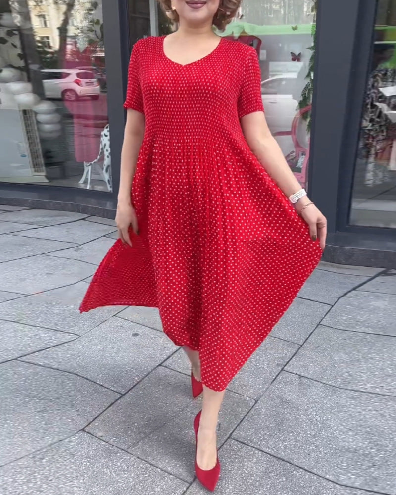 Dot print V-neck short-sleeve A-line elegant dress casual dresses summer