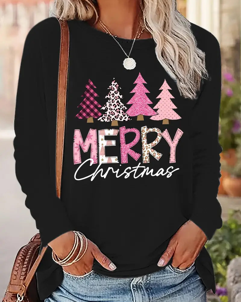 Festive Holiday Cheer Print Long Sleeve Crew Neck Top 2024 f/w blouses & shirts christmas spring