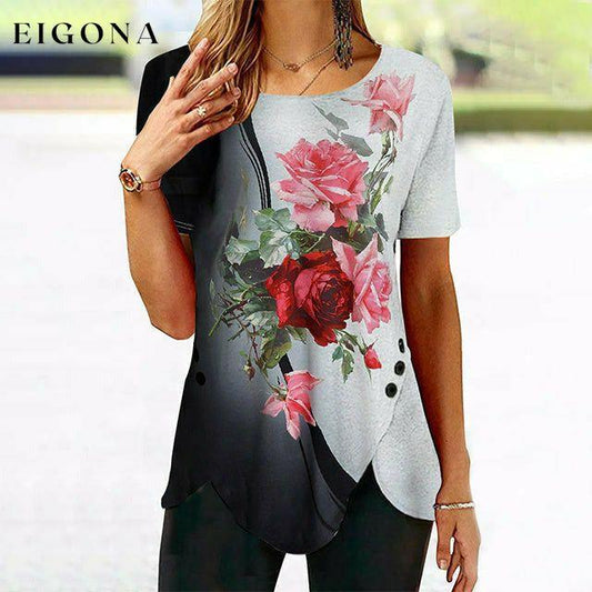 Irregular Gradient Rose Print Blouse Black best Best Sellings clothes Plus Size Sale tops Topseller