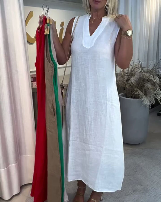Ärmelloses Kleid aus französischer Baumwolle und Leinen mit V-Ausschnitt