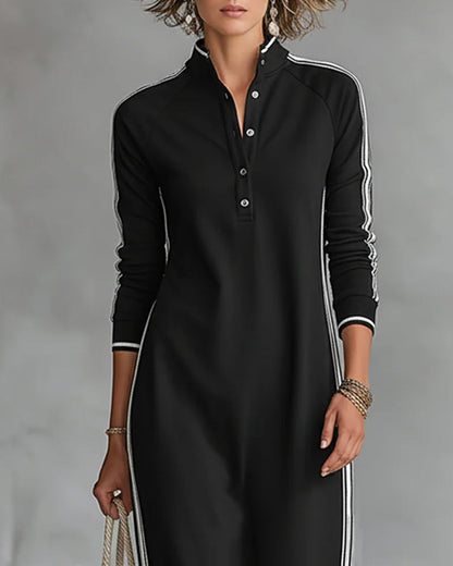 Contrast Button V-Neck Dress