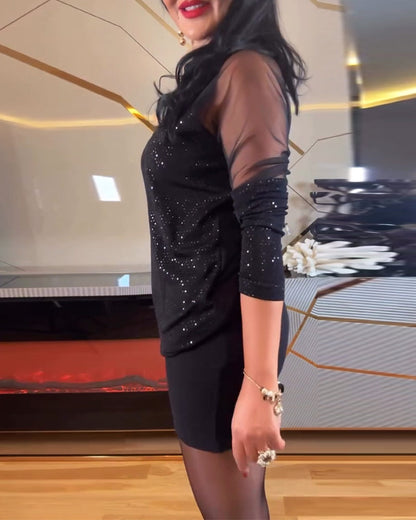 Sexy Oberteil aus Netzstoff mit V-Ausschnitt und einfarbigen Pailletten