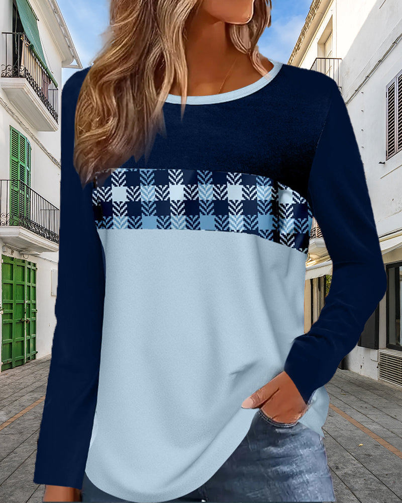 Round neck long sleeve color block top 2024 f/w blouses & shirts