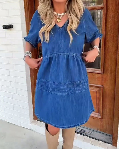 V-Neck Mid Sleeve Pleated Denim Babydoll Dress