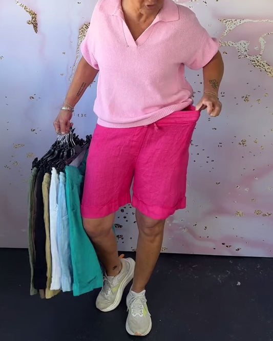 Pantaloncini casual in cotone e lino tinta unita