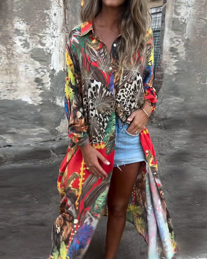 Modisches bedrucktes Button-Down-Hemdkleid
