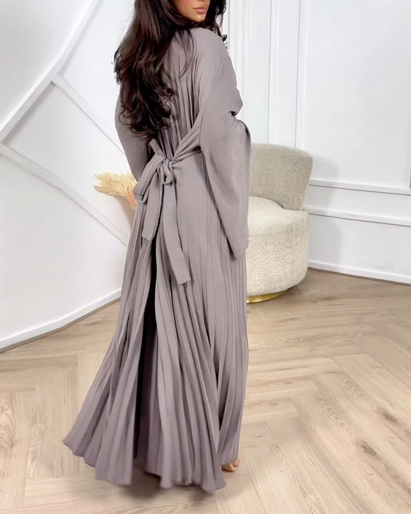 Elegant solid color pleated tie bell sleeve dress casual dresses spring summer