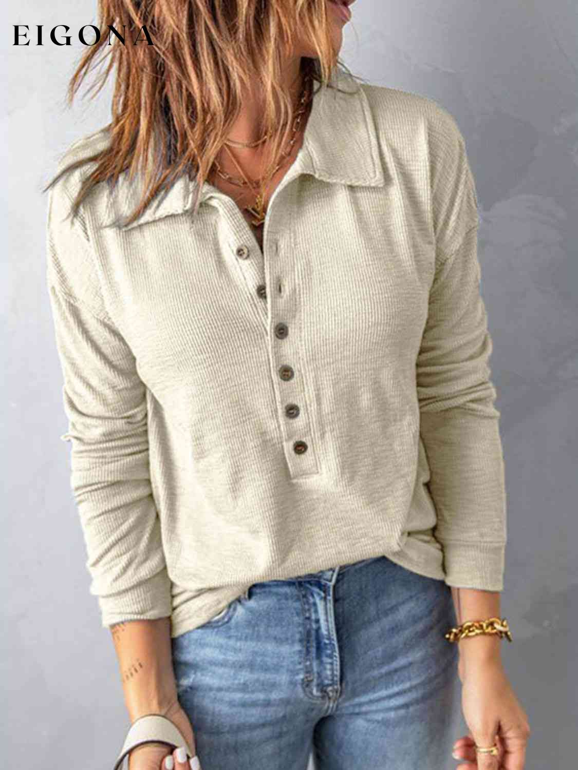 Collared Neck Half Button Top Beige clothes Ship From Overseas Y@S@M