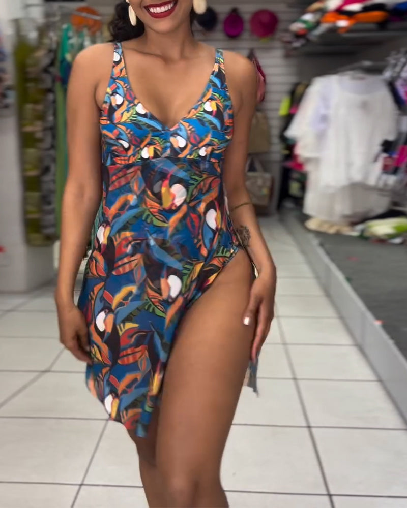 Costume da bagno intero con spalline stampate colorate