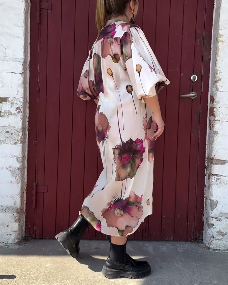 Elegant floral stand collar lantern sleeve dress 2024 f/w casual dresses spring