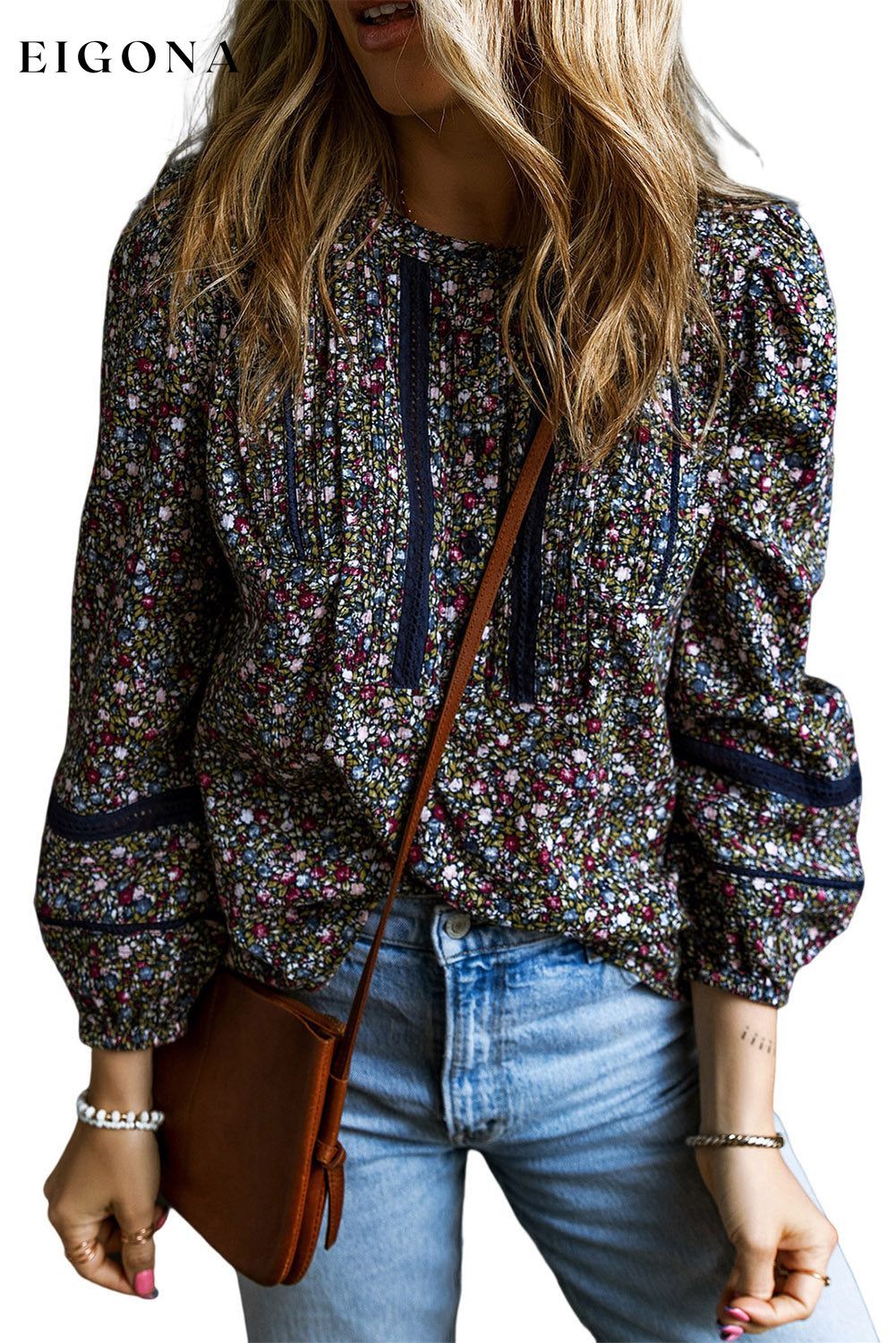 Multicolor Floral Print Puff Sleeve Blouse All In Stock clothes DL Chic DL Exclusive Fabric Lace long sleeve shirt long sleeve shirts long sleeve top long sleeve tops Occasion Daily Print Floral Season Spring shirt shirts Style Southern Belle top tops