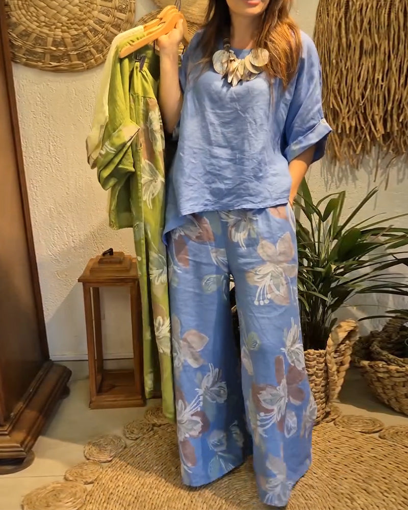 Cotton Linen T-Shirt Printed Wide-Leg Pants Set