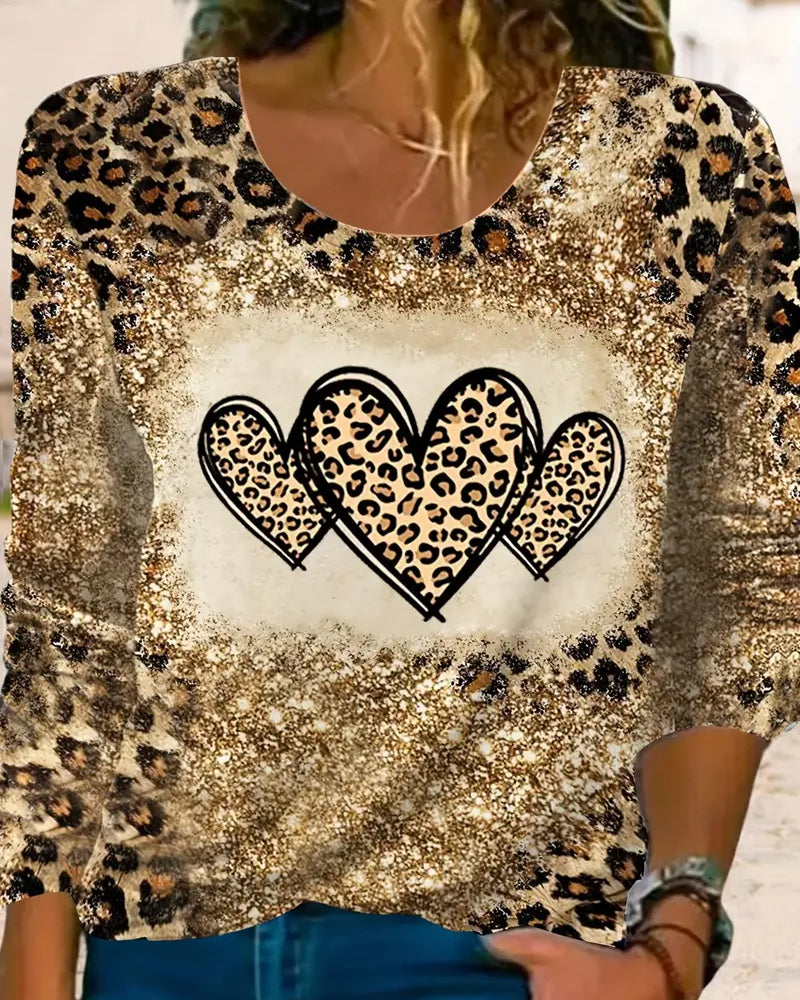 Casual Leopard Colorblock Heart Print Top 2024 f/w blouses & shirts spring