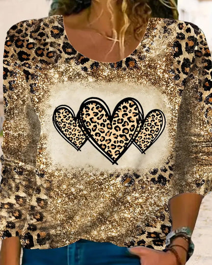 Casual Leopard Colorblock Heart Print Top 2024 f/w blouses & shirts spring