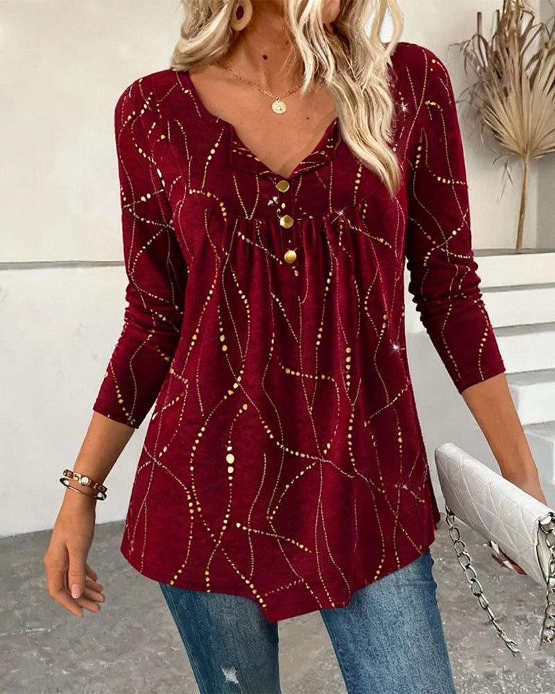Printed Button-Down V-Neck Top