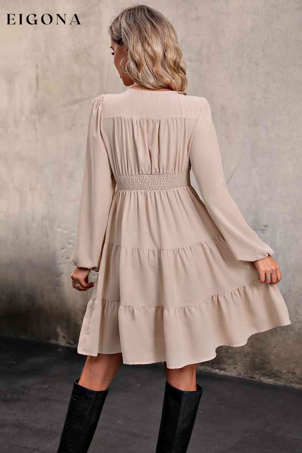 V Neck Button Up Tiered Dress clothes dress dresses Hundredth long sleeve dresses Ship From Overseas
